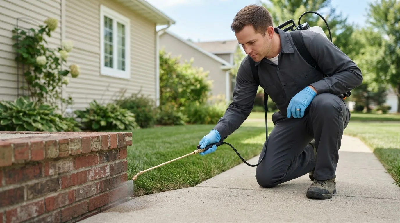 Pest control technician treating a home near Lynchburg, VA